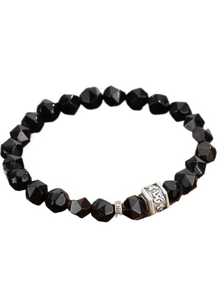 Erkekler Için Gümüş Altı Karakterli Mantra Bileziği, Retro Ulusal Trend Siyah Akik Boncuklar, Erkek Takıları (Yurt Dışından)