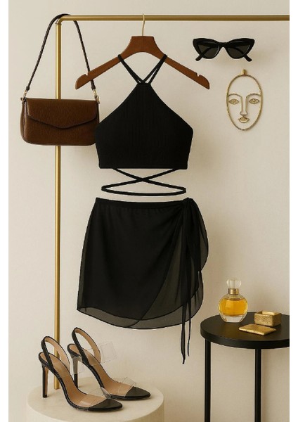 Kadın Siyah Çapraz Bağlamalı Crop ve Pareo 2'li Set modelleri