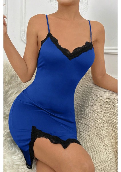 Kadın Mavi Göğsü ve Bacakları Dantelli Yırtmaçlı Şık Gecelik fırsatları