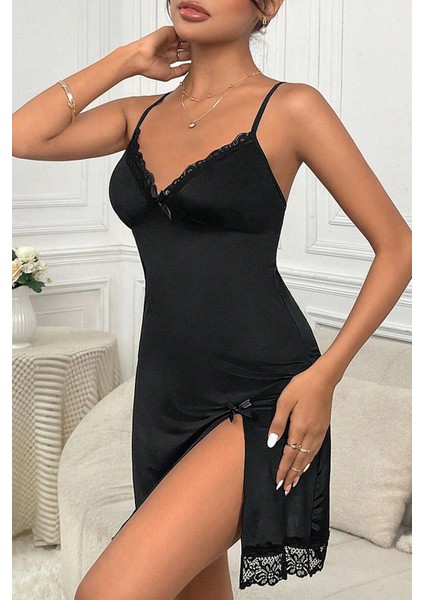 Kadın Siyah Dantelli Fiyonklu ve Yırtmaçlı Şık Gecelik indirimleri