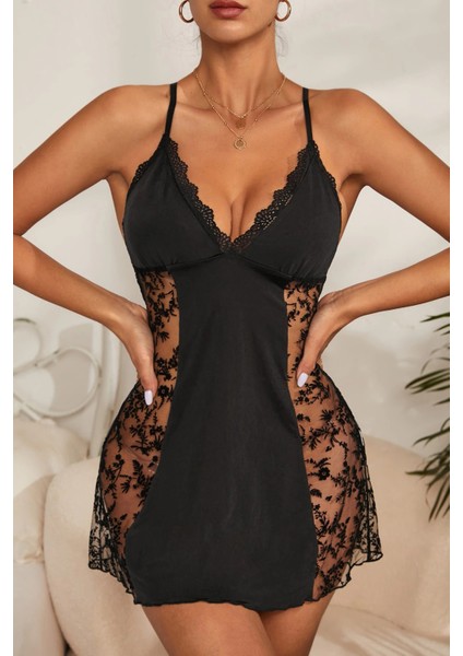 Kadın Siyah Çapraz Sırt Dekolteli Transparan Dantel Gecelik fiyatları