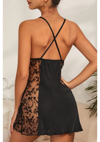 Kadın Siyah Çapraz Sırt Dekolteli Transparan Dantel Gecelik modelleri