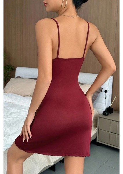 Kadın Bordo Bacak Yırtmaçlı Siyah Dantelli ve Fiyonklu Şık Gecelik fiyatları