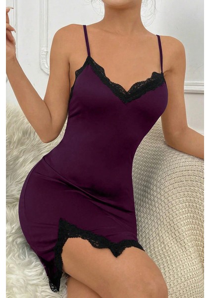 Kadın Mor Göğsü ve Bacakları Dantelli Yırtmaçlı Şık Gecelik modelleri