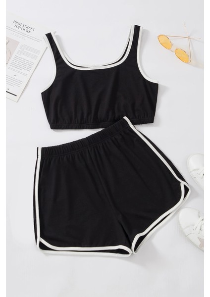 Kadın Siyah Askılı Crop Top ve Şortlu Gecelik Takım