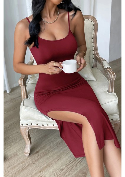 Kadın Bordo Yırtmaçlı Diz Altı Vücüdu Saran Gecelik modelleri