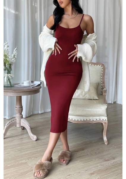 Kadın Bordo Yırtmaçlı Diz Altı Vücüdu Saran Gecelik fırsatları