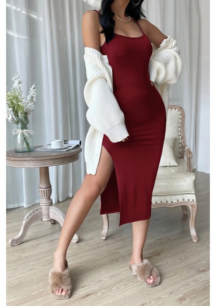 Kadın Bordo Yırtmaçlı Diz Altı Vücüdu Saran Gecelik indirimleri