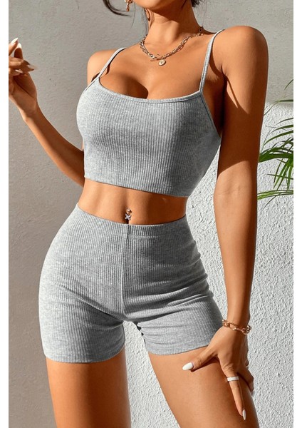 Kadın Gri Melanj Şortlu Kaşkorse Gecelik Takım
