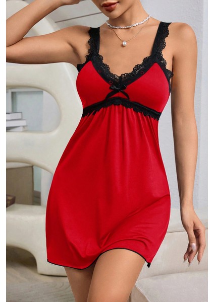 Kadın Kırmızı Dantel Asılı Fiyonk Detaylı Gecelik Takımı fırsatları