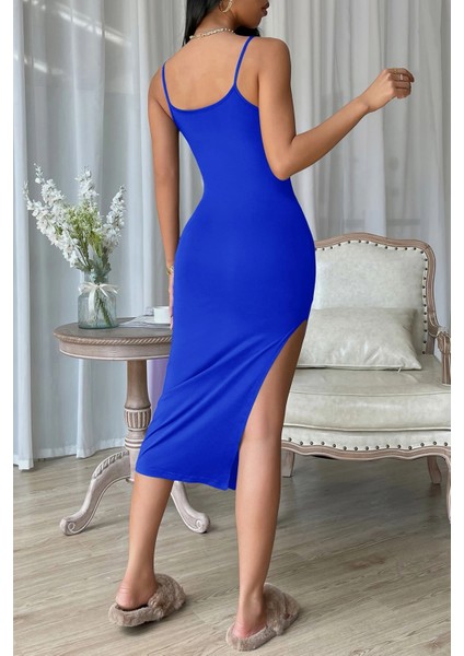 Kadın Mavi Yırtmaçlı Diz Altı Vücüdu Saran Gecelik fiyatları