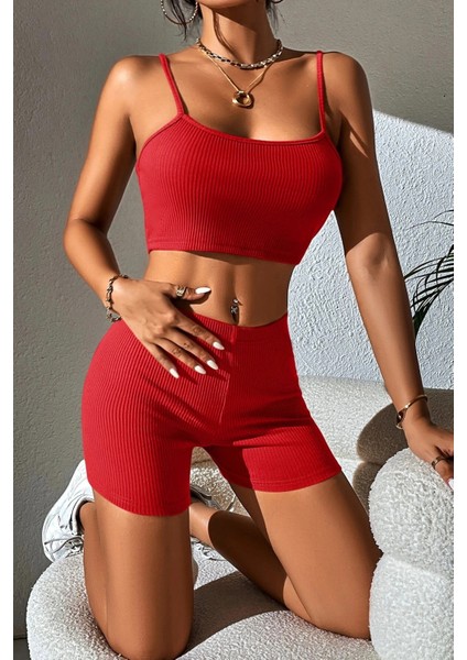 Kadın Kırmızı Şortlu Kaşkorse Gecelik Takım