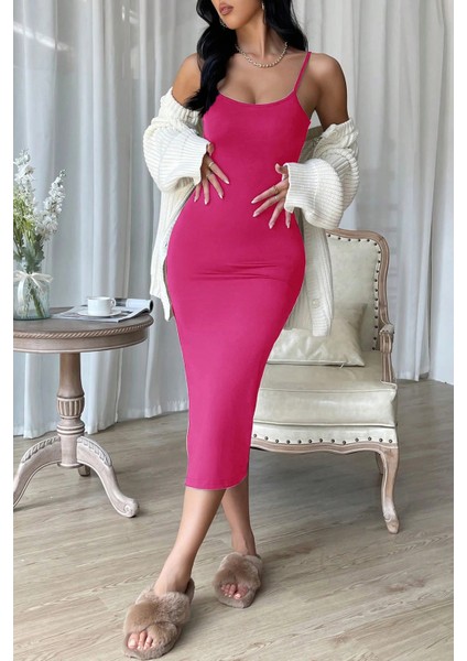 Kadın Fuşya Yırtmaçlı Diz Altı Vücüdu Saran Gecelik fırsatları