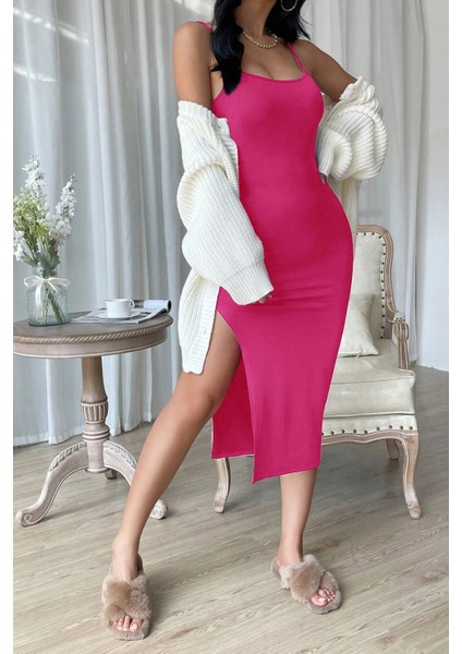 Kadın Fuşya Yırtmaçlı Diz Altı Vücüdu Saran Gecelik indirimleri