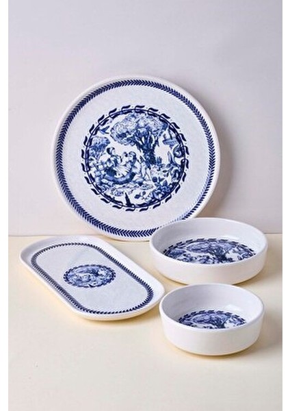 French Vintage 14 Parça Seramik Kahvaltı Takımı 6 Kişilik Mavi Zarif Tasarım