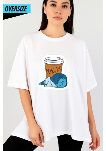 Despresso – Coffee First, Talk Never Oversize Unisex T-Shirt Beyaz %100 Pamuklu Özel Tasarım Baskı