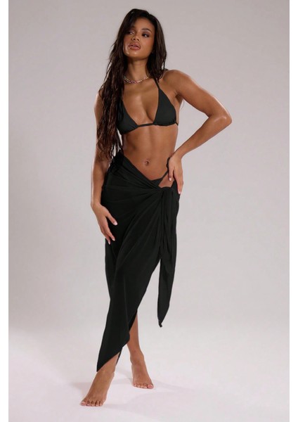 Kadın Siyah Bodrum Stili Bağlama Detaylı 150X75 Pareo