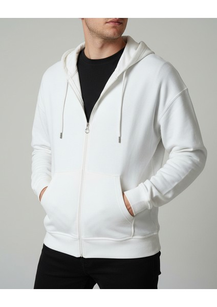 Sweatshirt Kapüşonlu Fermuarlı Beyaz Unisex