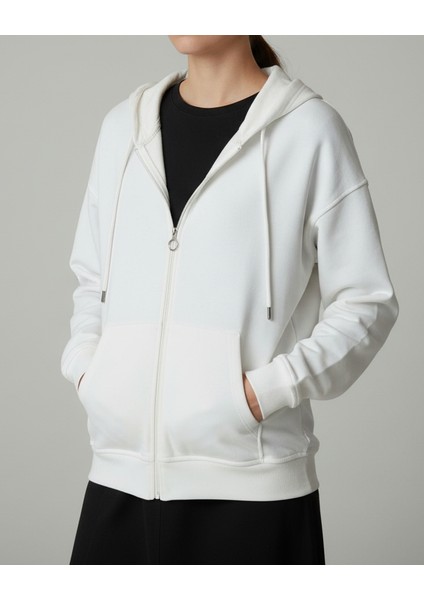Sweatshirt Kapüşonlu Fermuarlı Beyaz Unisex