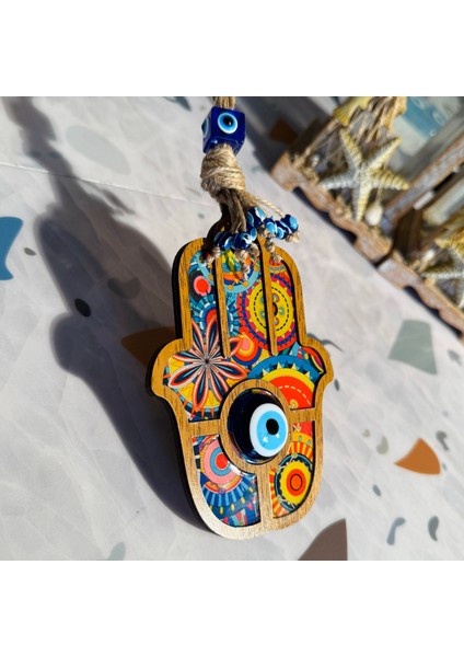 Nazar Boncuklu Fatıma Ana Eli Ahşap Desenli Dekoratif Hediyelik Duvar Süsü, 24 cm Hamsa Bereket