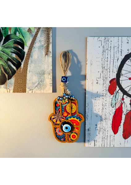 Nazar Boncuklu Fatıma Ana Eli Ahşap Desenli Dekoratif Hediyelik Duvar Süsü, 24 cm Hamsa Bereket
