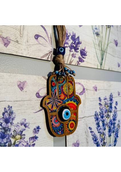 Nazar Boncuklu Fatıma Ana Eli Ahşap Desenli Dekoratif Hediyelik Duvar Süsü, 24 cm Hamsa Bereket