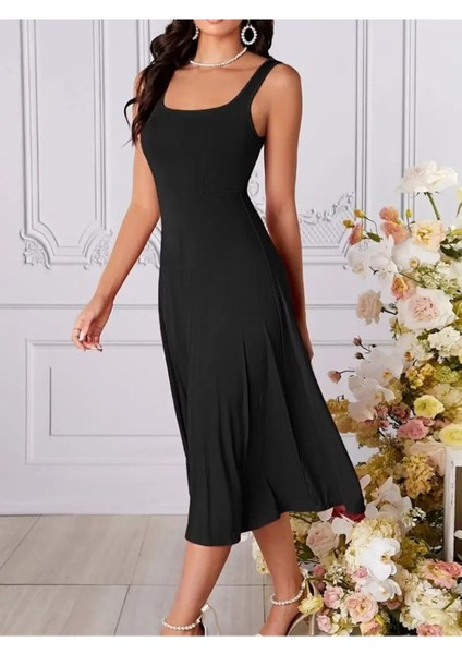 Kadın Askılı Geometrik Yakalı Geniş Kesim Detaylı Ithal Krep Elbise fiyatları