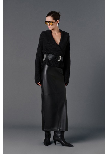 Yırtmaçlı Midi Deri Etek modelleri