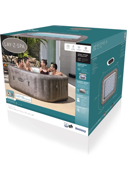 Lay-Z-Spa® 6001K Rome Smart Airjet™ Enerji Tasarruflu Şişme Spa Havuzu, Mobil Uygulama Kontrollü, 4-6 Kişilik