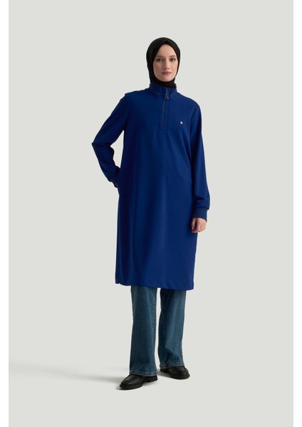 Kolları Ribanalı Yarım Fermuarlı Tunik Morcivert 25KT456