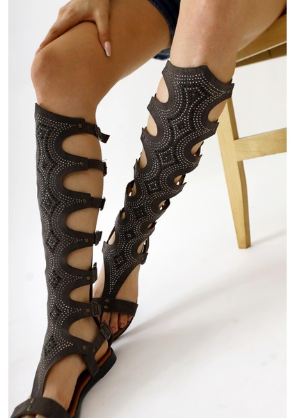 Hakiki Deri Medusa Kahve Taş Detaylı Diz Altı Gladyatör Sandalet