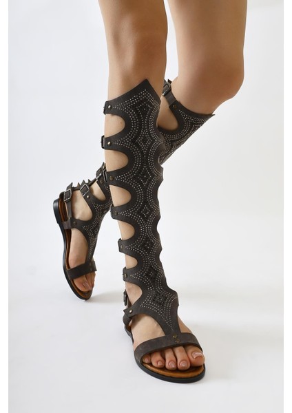 Hakiki Deri Medusa Kahve Taş Detaylı Diz Altı Gladyatör Sandalet fiyatları