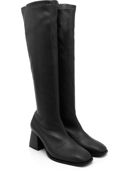 Kadın Siyah Deri Görünümlü Fermuarlı Kalın Topuklu Streç Çizme