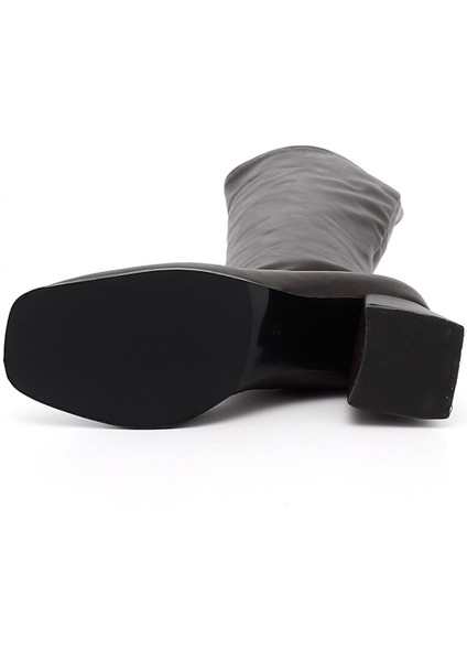 Kadın Siyah Deri Görünümlü Fermuarlı Kalın Topuklu Streç Çizme