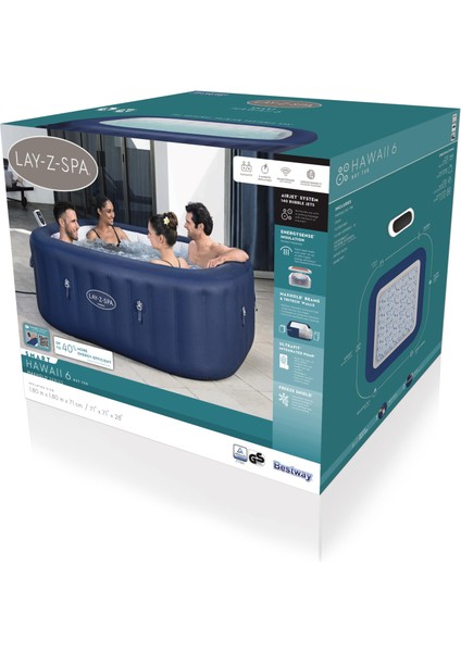 Lay-Z-Spa® Hawaii Smart Airjet™ 6001H Enerji Tasarruflu Şişme Spa Havuzu, Mobil Uygulama Kontrollü, 4-6 Kişilik