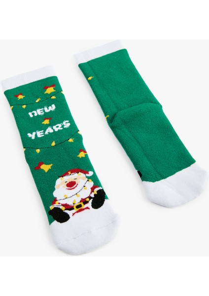 Yılbaşı Temalı Renk Kontrastlı Pamuklu Havlu Soket Çorap