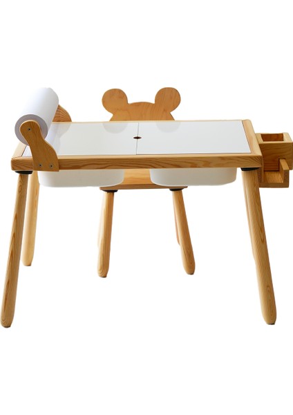 Woodnjoy Doğal Ahşap Duyusal Çocuk Aktivite Masası Oyun Masası ve Çocuk Çalışma Masası 1 Sandalye Seti(Rulo Aparalı ve Kırtasiye İstasyonlu)