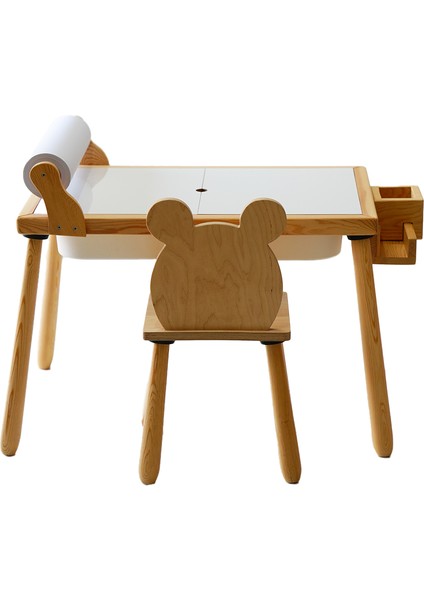 Woodnjoy Doğal Ahşap Duyusal Çocuk Aktivite Masası Oyun Masası ve Çocuk Çalışma Masası 1 Sandalye Seti(Rulo Aparalı ve Kırtasiye İstasyonlu) fiyatları
