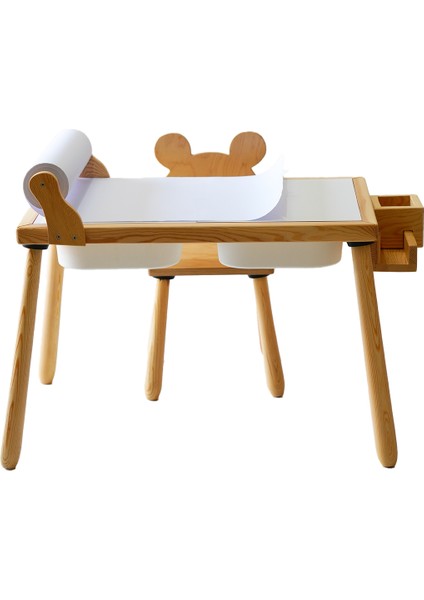 Woodnjoy Doğal Ahşap Duyusal Çocuk Aktivite Masası Oyun Masası ve Çocuk Çalışma Masası 1 Sandalye Seti(Rulo Aparalı ve Kırtasiye İstasyonlu) modelleri