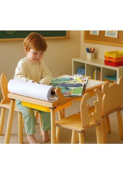 Woodnjoy Doğal Ahşap Duyusal Çocuk Aktivite Masası Oyun Masası ve Çocuk Çalışma Masası 1 Sandalye Seti(Rulo Aparalı ve Kırtasiye İstasyonlu) fırsatları