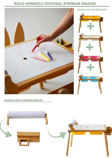 Woodnjoy Doğal Ahşap Duyusal Çocuk Aktivite Masası Oyun Masası ve Çocuk Çalışma Masası 1 Sandalye Seti(Rulo Aparalı ve Kırtasiye İstasyonlu) indirimleri