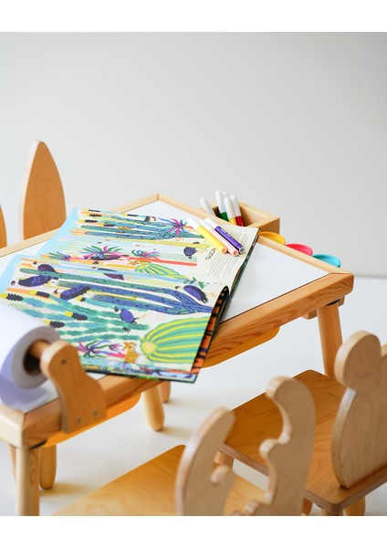 Woodnjoy Doğal Ahşap Duyusal Çocuk Aktivite Masası Oyun Masası ve Çocuk Çalışma Masası 1 Sandalye Seti(Rulo Aparalı ve Kırtasiye İstasyonlu)