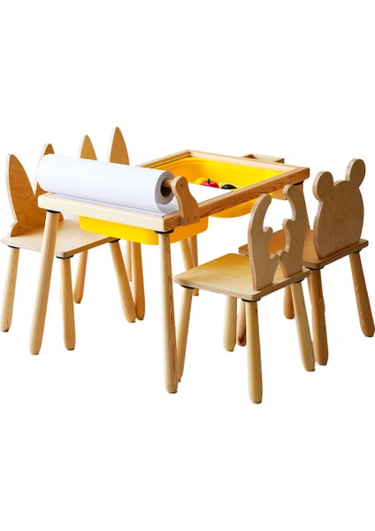 Woodnjoy Doğal Ahşap Duyusal Çocuk Aktivite Masası Oyun Masası ve Çocuk Çalışma Masası 1 Sandalye Seti(Rulo Aparalı ve Kırtasiye İstasyonlu)