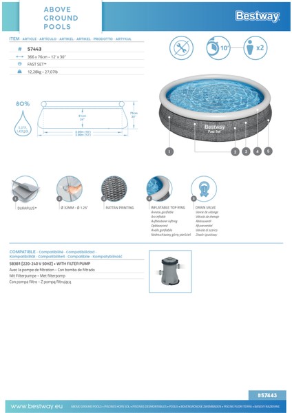 Havuz ,POMPASIZ,366 x 76 Cm,rattan
