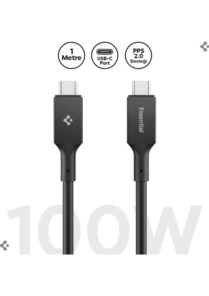 USB-C to USB-C 1 Metre Kablo 100W Güç / PPS 2.0 Desteği Super Hızlı Şarj / 5 Gbps (E-Marker Çip) Data Aktarım Hızı / PD USB 3.2 Type-C Ekstra Dayanıklı MFI Lisanslı Black - ACA09459