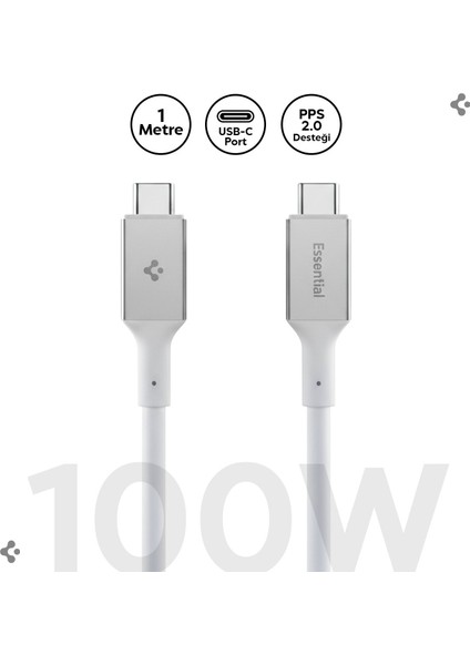 USB-C to USB-C 1 Metre Kablo 100W Güç / PPS 2.0 Desteği Super Hızlı Şarj / 5 Gbps (E-Marker Çip) Data Aktarım Hızı / PD USB 3.2 Type-C Ekstra Dayanıklı MFI Lisanslı White - ACA08774