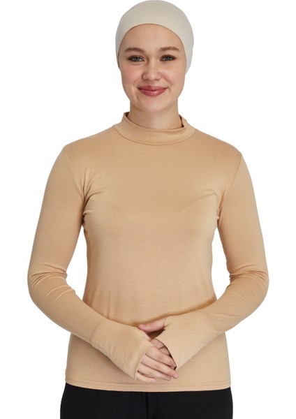 Hafif Balıkçı Yakalı Parmak Geçmeli Likralı Organik Kadın Body - Koyu Bej - L-XL