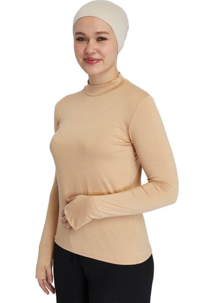 Hafif Balıkçı Yakalı Parmak Geçmeli Likralı Organik Kadın Body - Koyu Bej - L-XL fiyatları