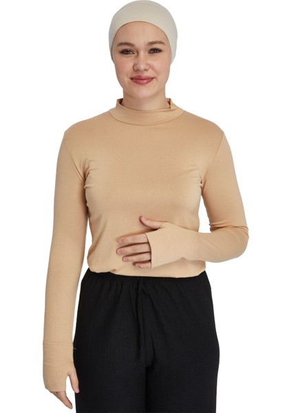 Hafif Balıkçı Yakalı Parmak Geçmeli Likralı Organik Kadın Body - Koyu Bej - L-XL modelleri