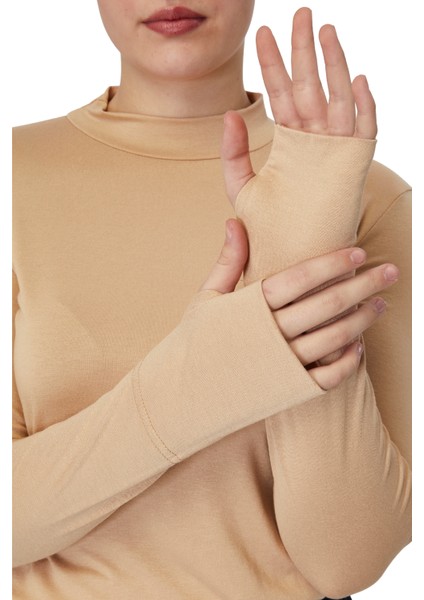 Hafif Balıkçı Yakalı Parmak Geçmeli Likralı Organik Kadın Body - Koyu Bej - L-XL fırsatları